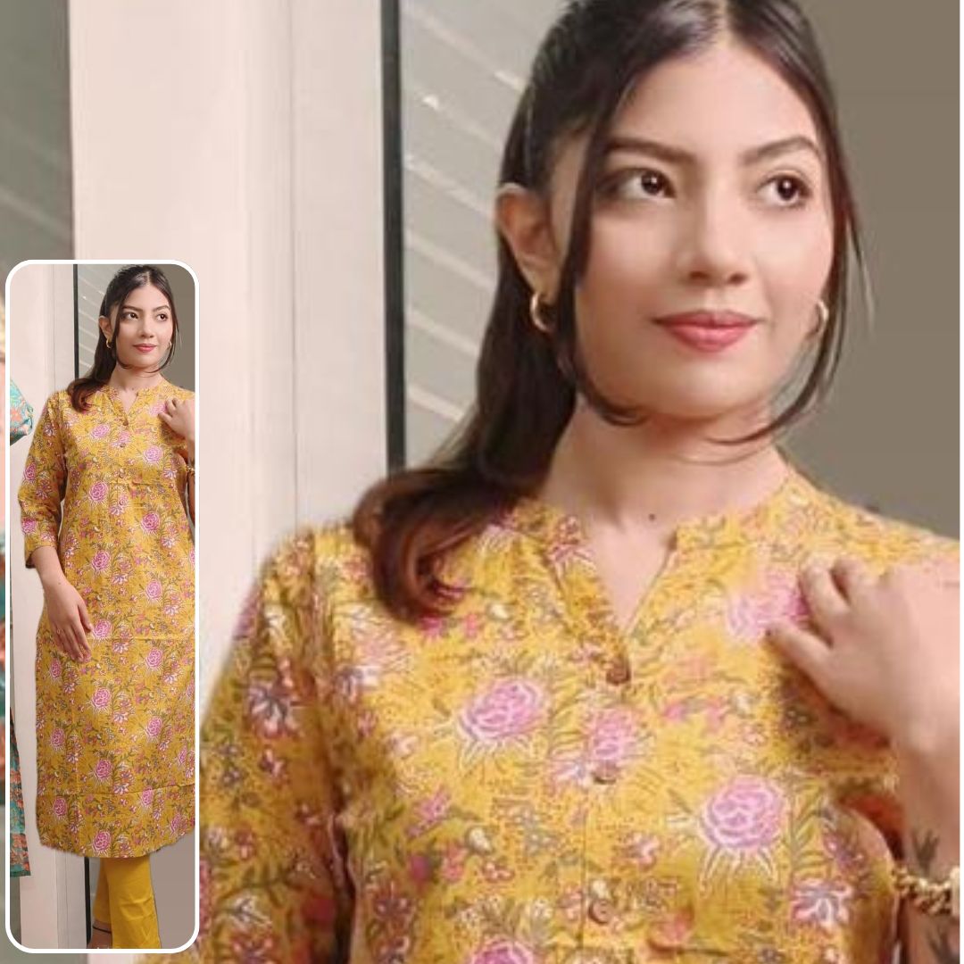 Sakhi Trendzs- Vibrant Printed Cotton Kurti - Mustard Collection