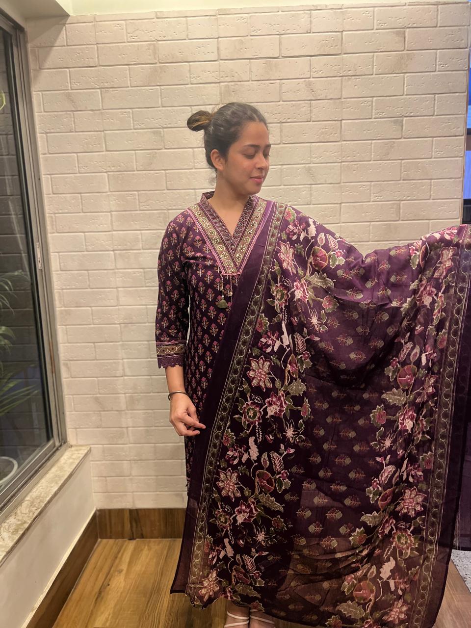 Sakhi Trendzs Vibrant Printed Cotton Suit Set - Purple Color Collection