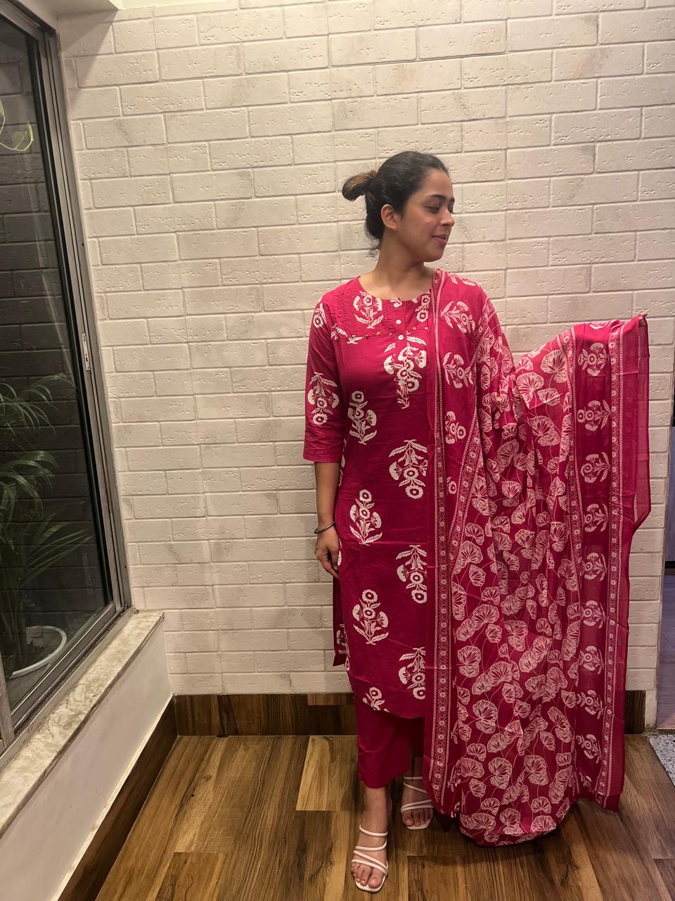 Sakhi Trendzs Vibrant Printed Cotton Suit Set - Pink Color Collection